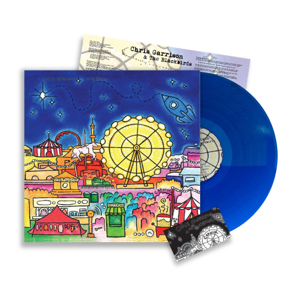 Blue vinyl record with colorful label, packaging and download card